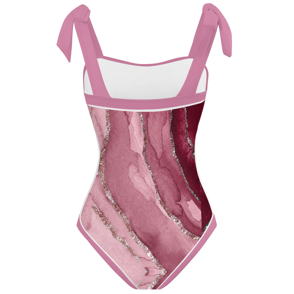 Women's Watercolor Shoulder Tie Straps One Piece Swimsuit Matching Sarong Skirt
