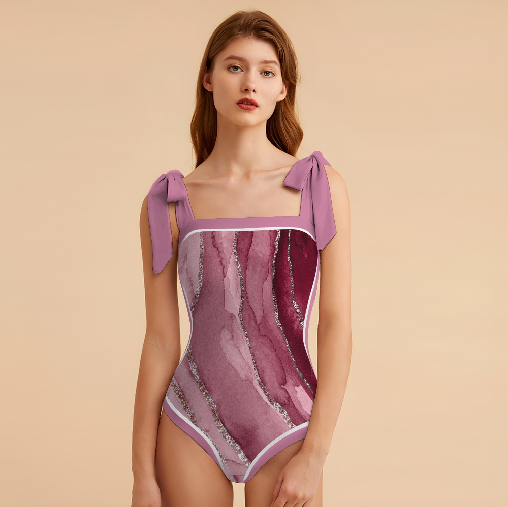 Women's Watercolor Shoulder Tie Straps One Piece Swimsuit Matching Sarong Skirt