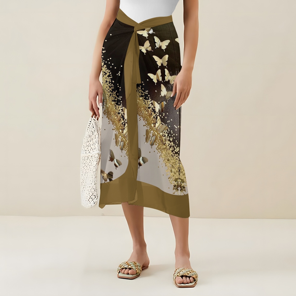 Elegant Gradient Gold Butterfly One Piece Swimsuit Set Sarong Skirt