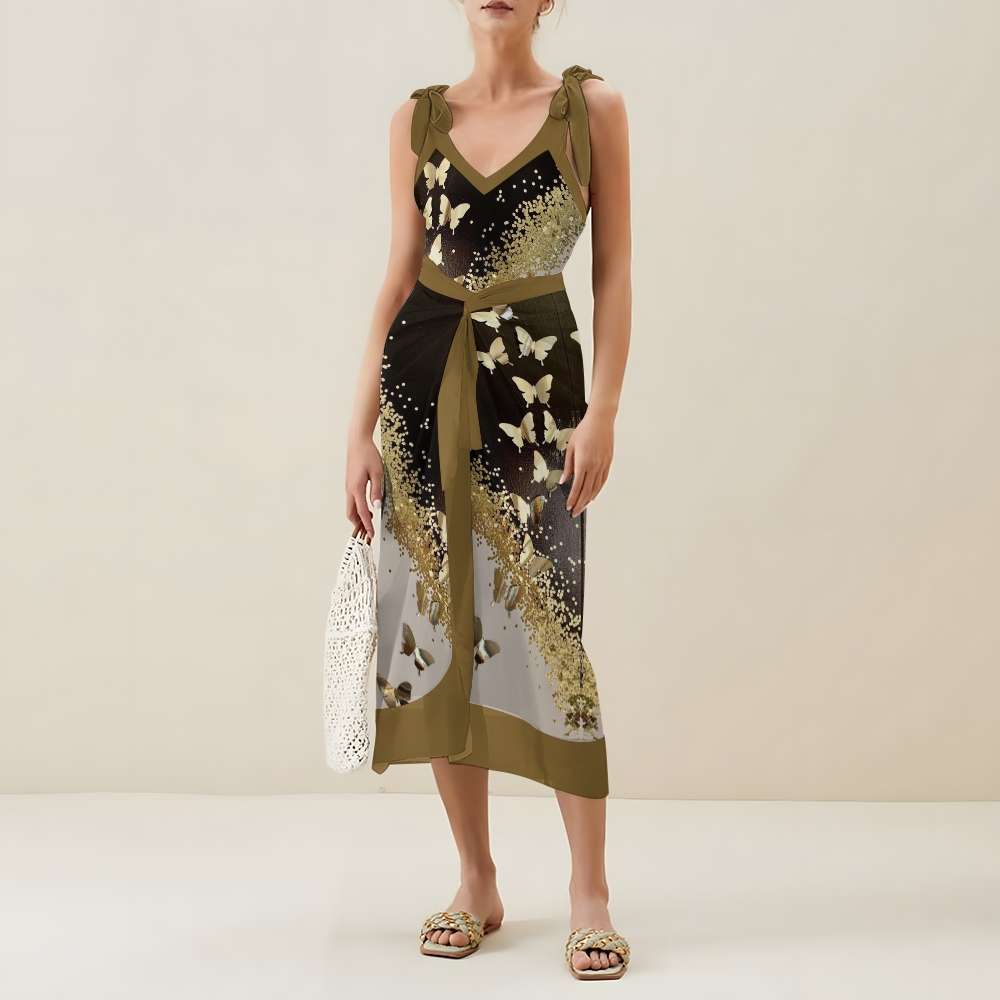 Elegant Gradient Gold Butterfly One Piece Swimsuit Set Sarong Skirt