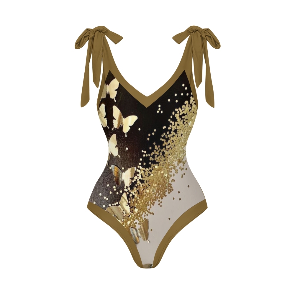 Elegant Gradient Gold Butterfly One Piece Swimsuit Set Sarong Skirt