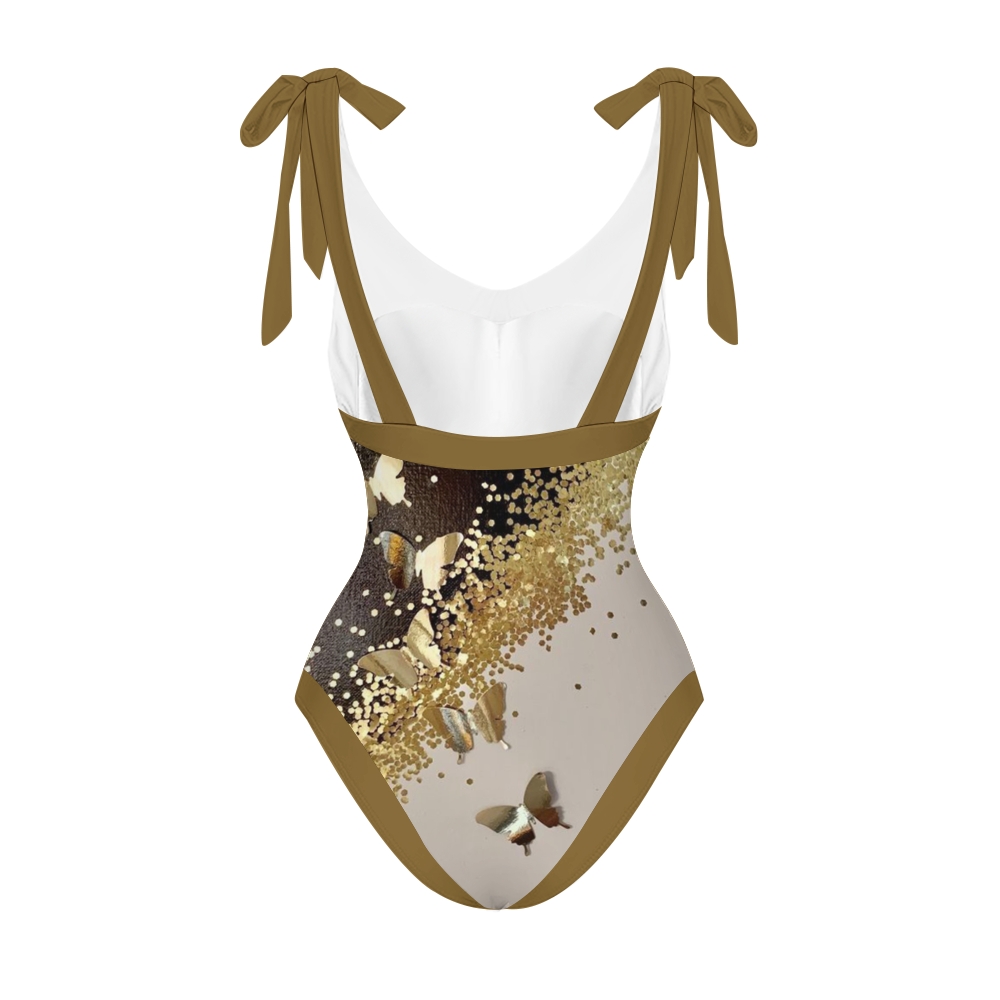 Elegant Gradient Gold Butterfly One Piece Swimsuit Set Sarong Skirt