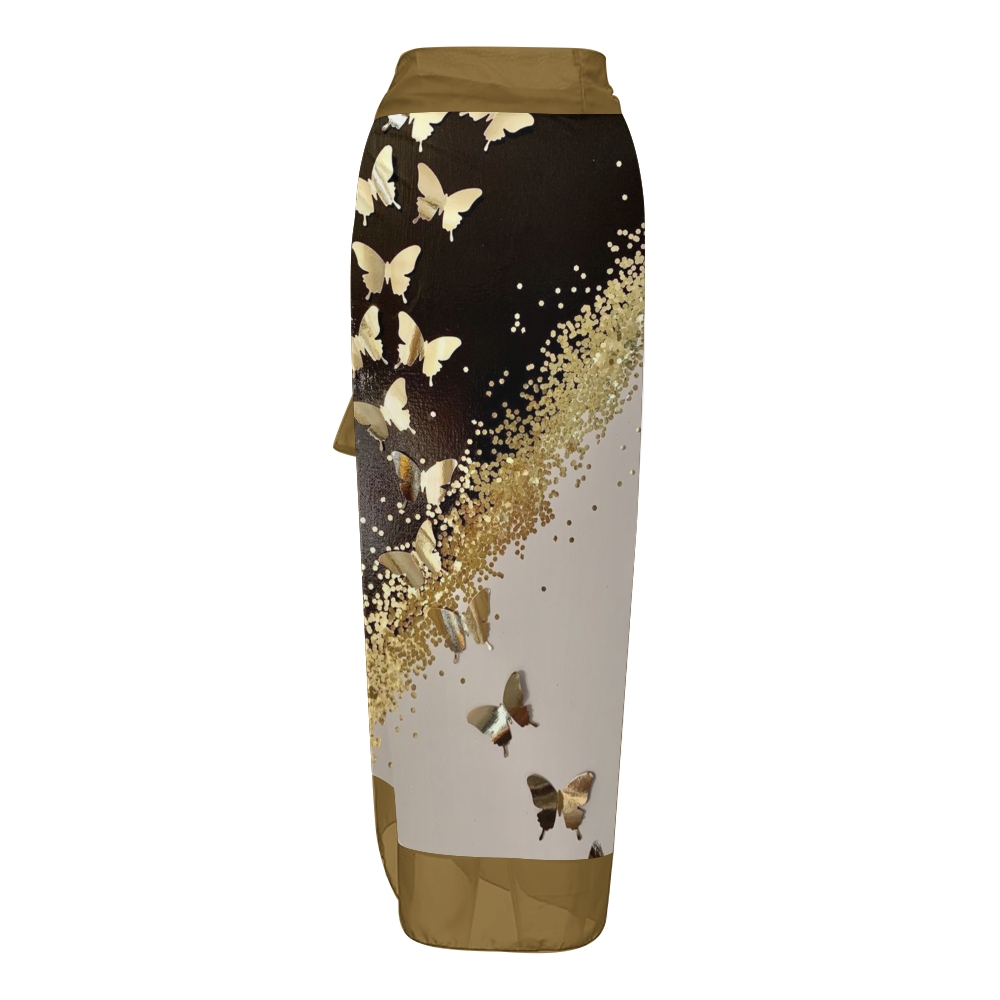 Elegant Gradient Gold Butterfly One Piece Swimsuit Set Sarong Skirt