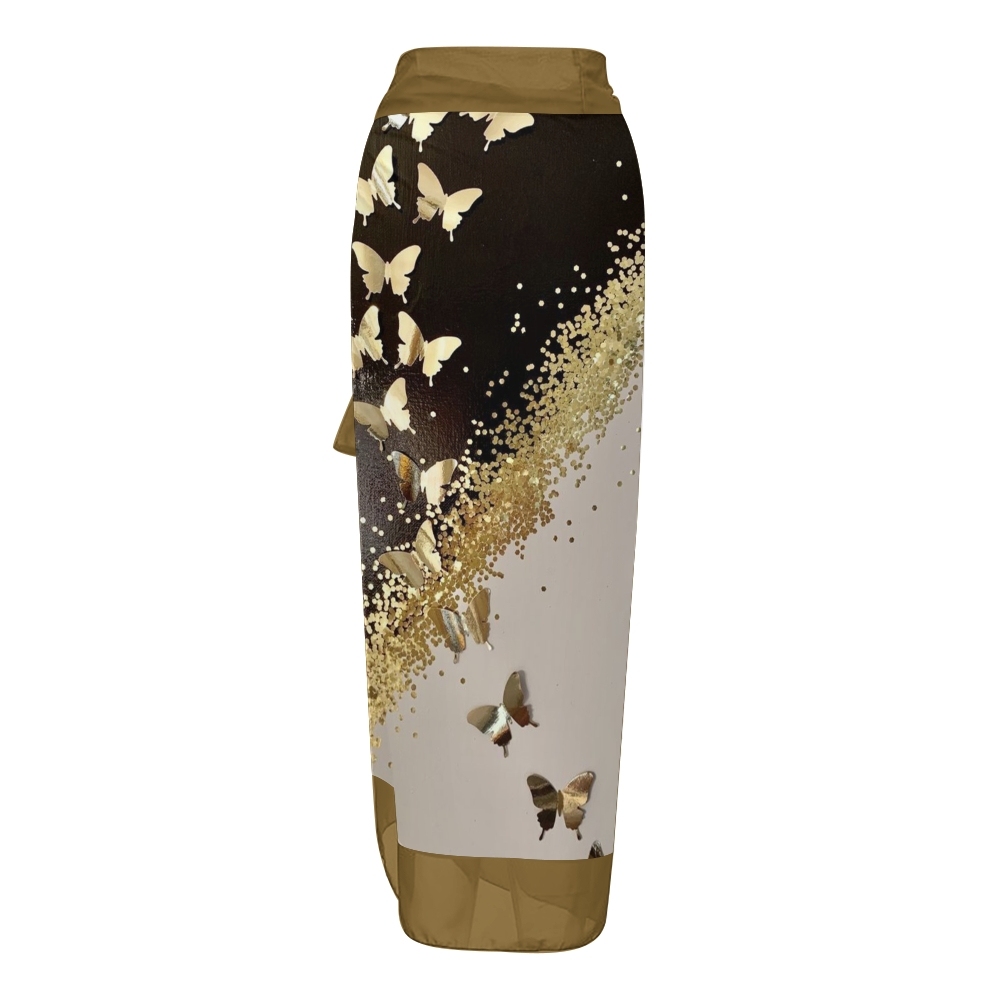 Elegant Gradient Gold Butterfly One Piece Swimsuit Set Sarong Skirt
