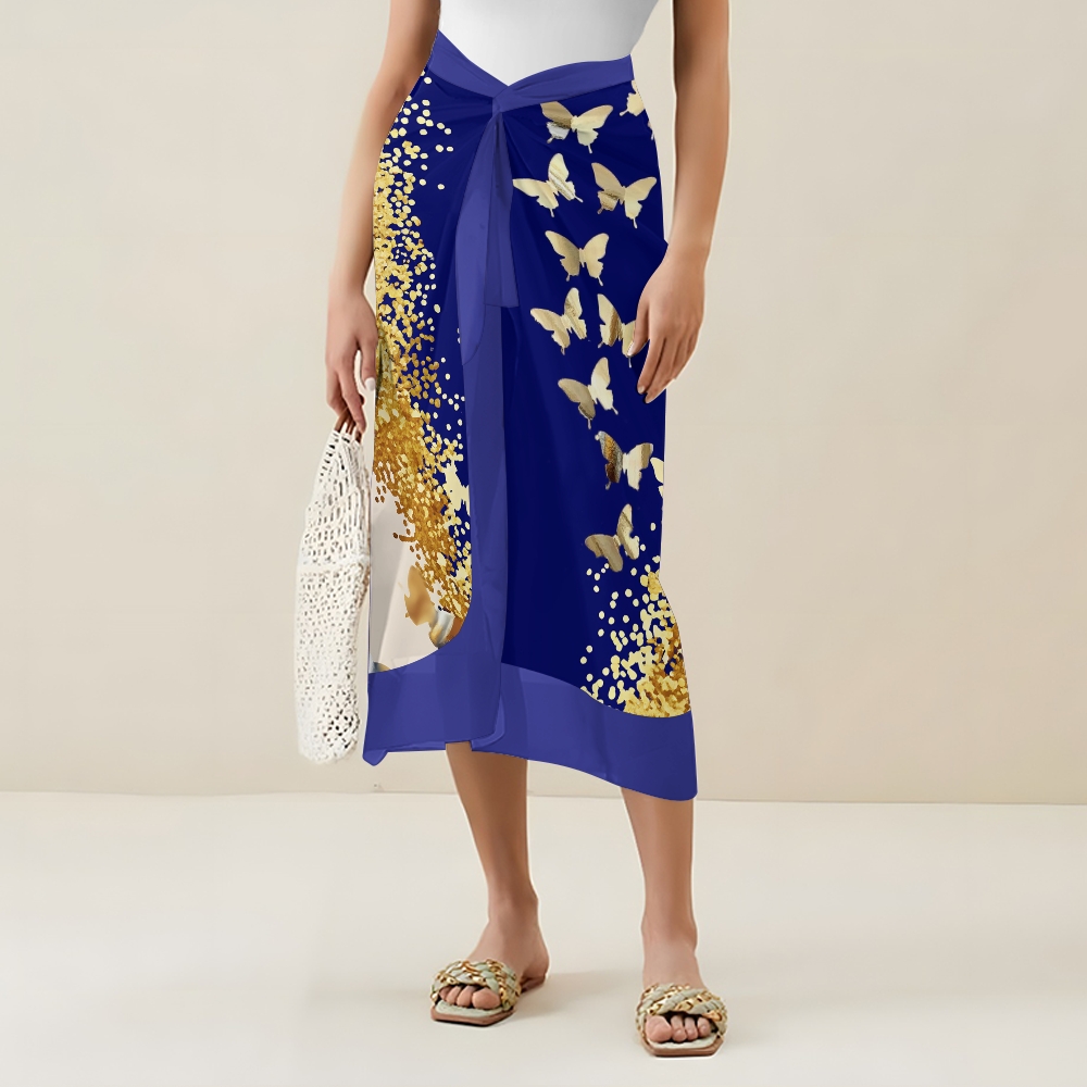 Elegant Gradient Gold Butterfly One Piece Swimsuit Set Sarong Skirt