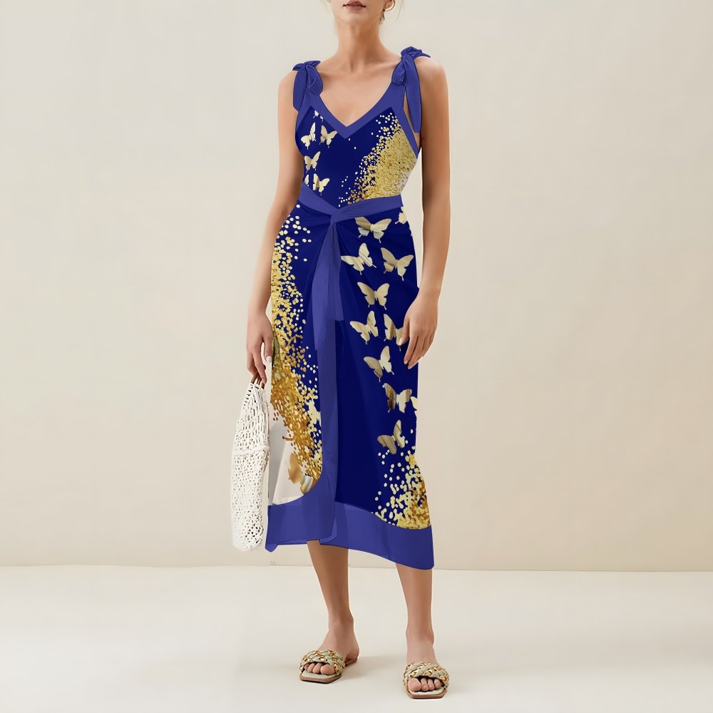 Elegant Gradient Gold Butterfly One Piece Swimsuit Set Sarong Skirt