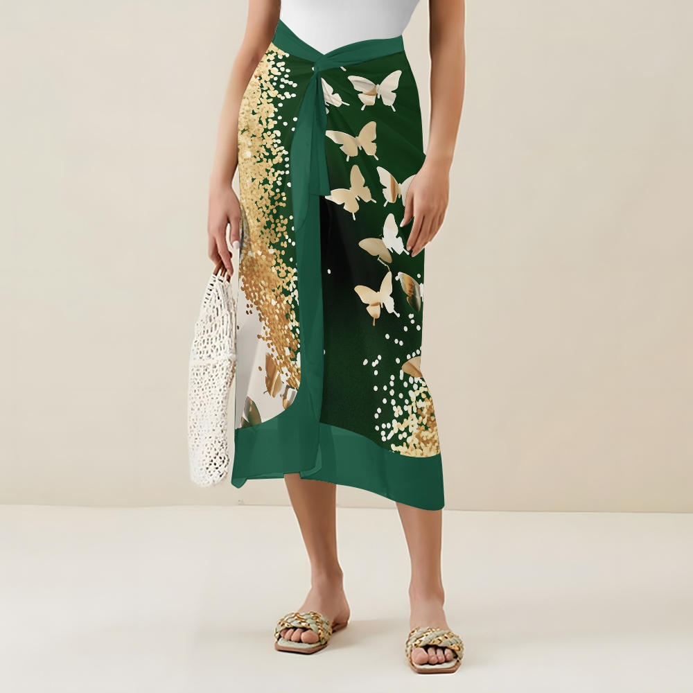 Elegant Gradient Gold Butterfly One Piece Swimsuit Set Sarong Skirt