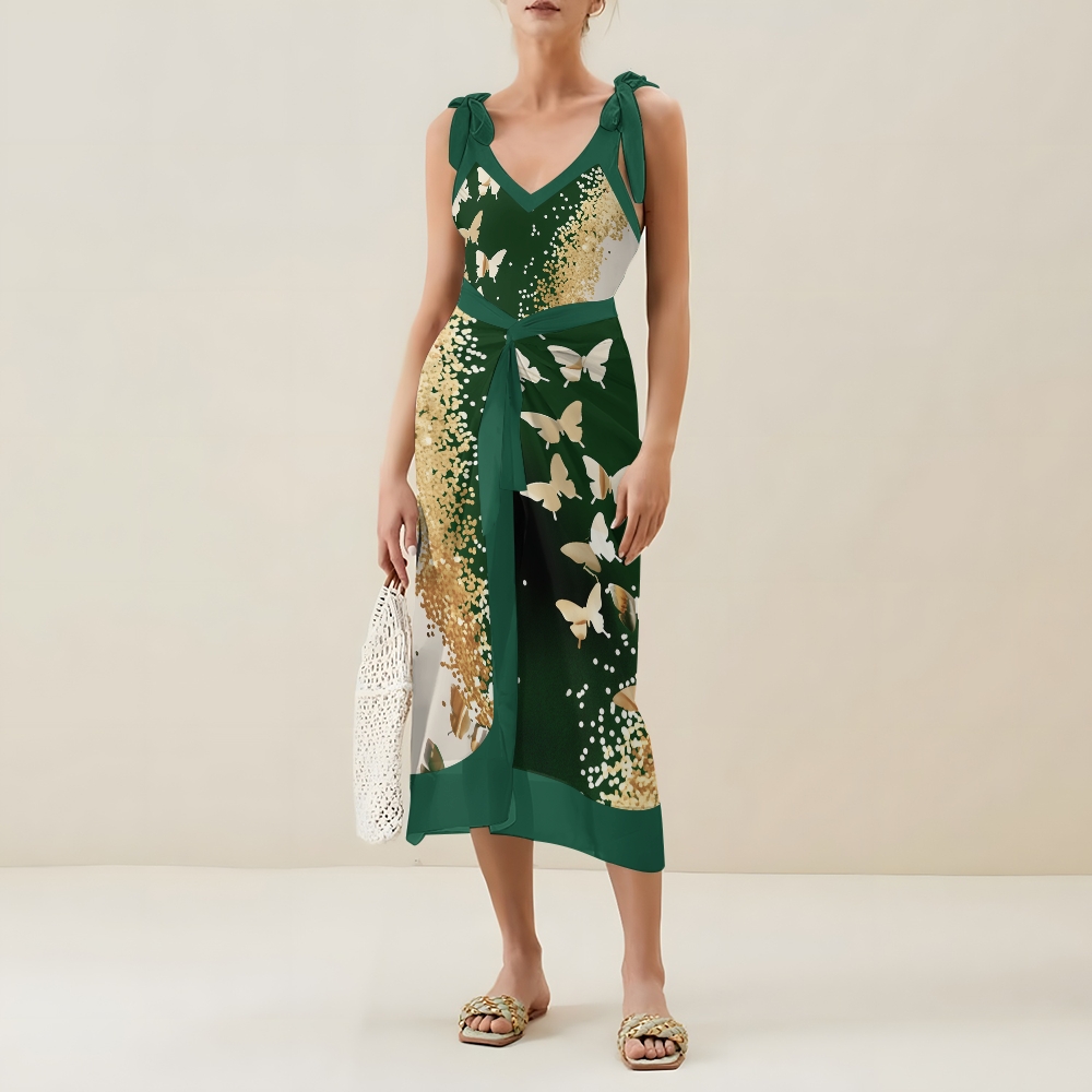 Elegant Gradient Gold Butterfly One Piece Swimsuit Set Sarong Skirt