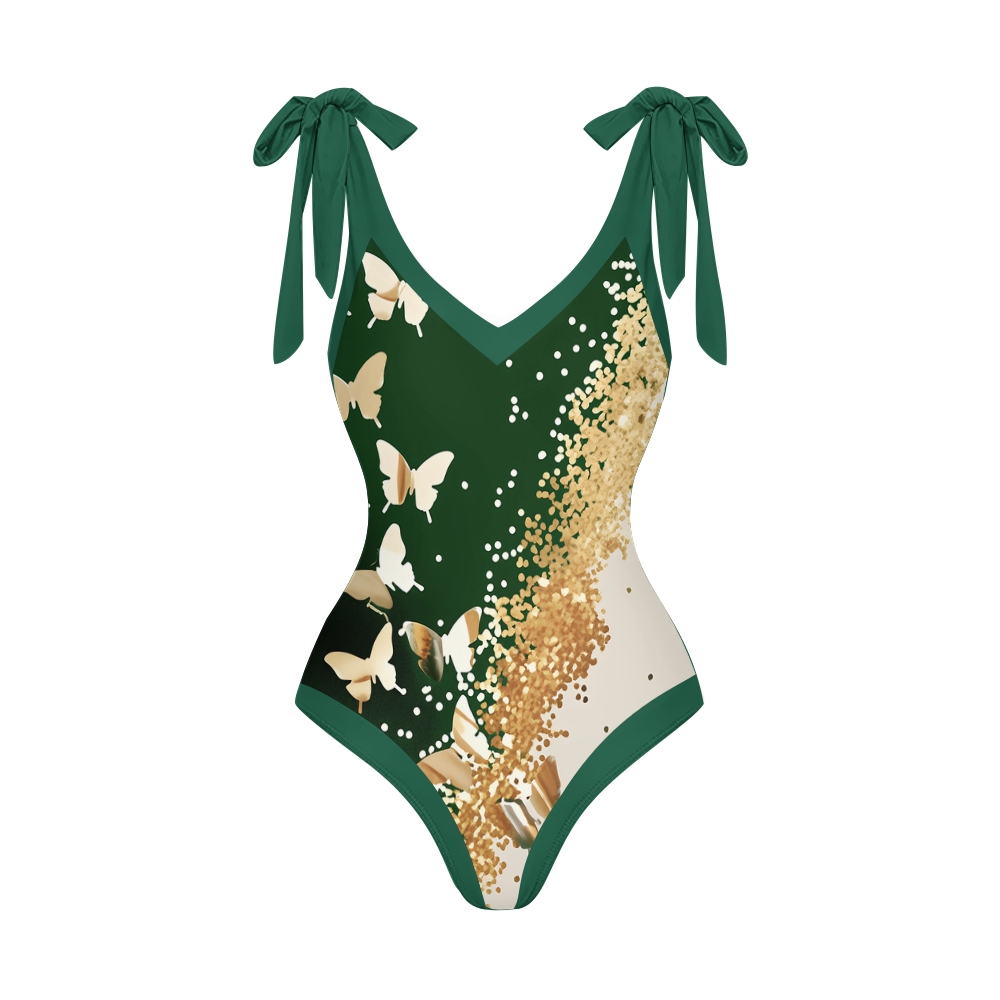 Elegant Gradient Gold Butterfly One Piece Swimsuit Set Sarong Skirt