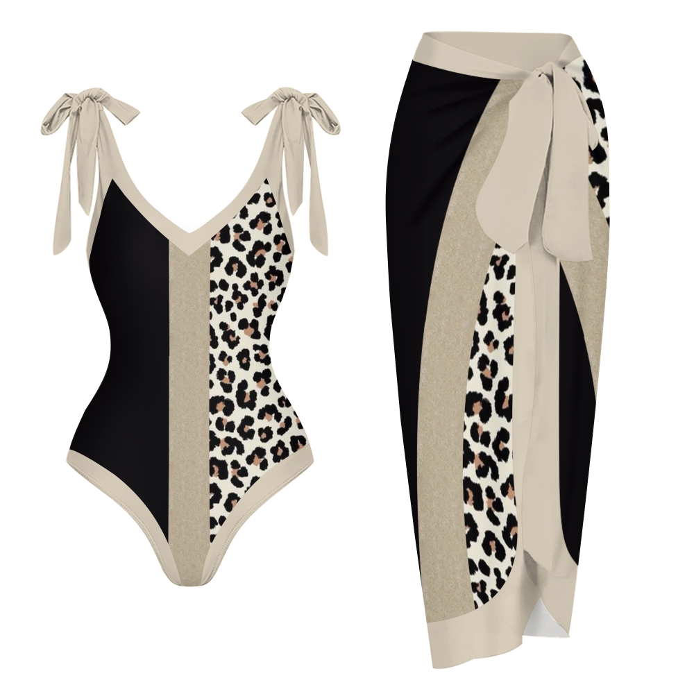 Leopard Patchwork One-Piece Swimsuit with Matching Sarong Skirt