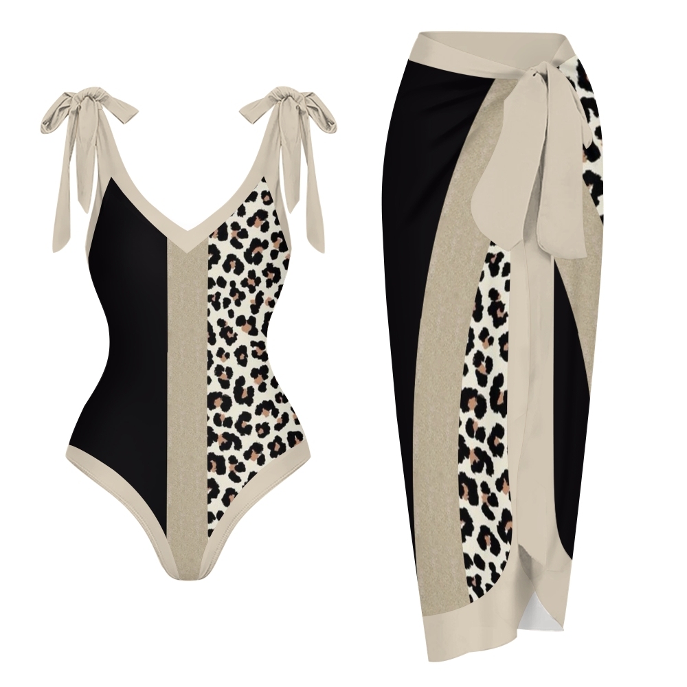 Leopard Patchwork One-Piece Swimsuit with Matching Sarong Skirt