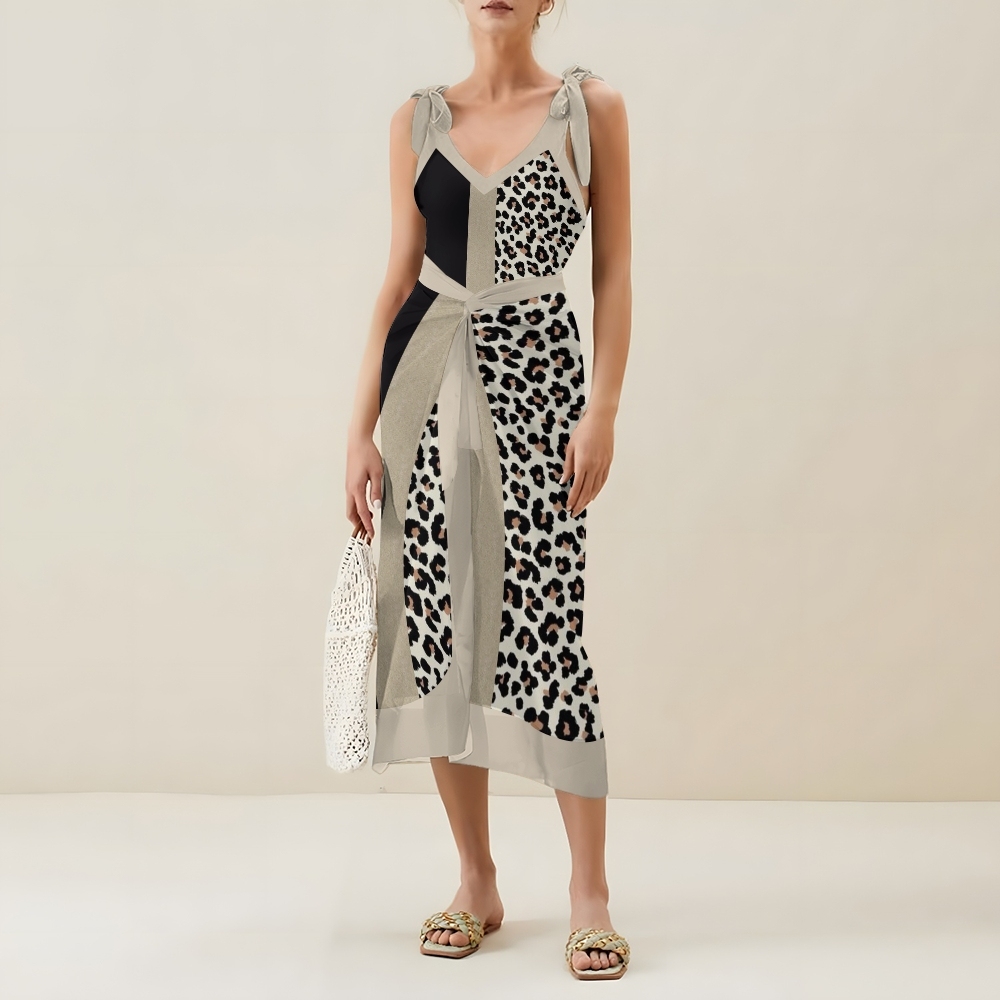 Leopard Patchwork One-Piece Swimsuit with Matching Sarong Skirt