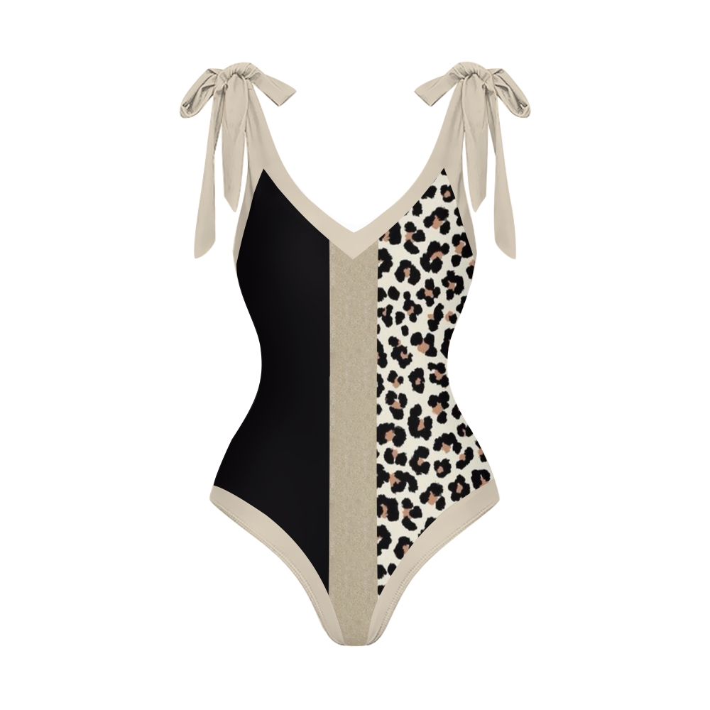 Leopard Patchwork One-Piece Swimsuit with Matching Sarong Skirt