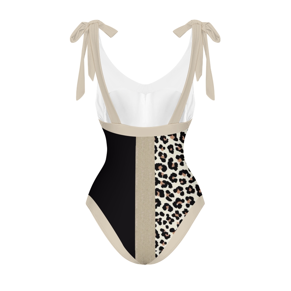 Leopard Patchwork One-Piece Swimsuit with Matching Sarong Skirt