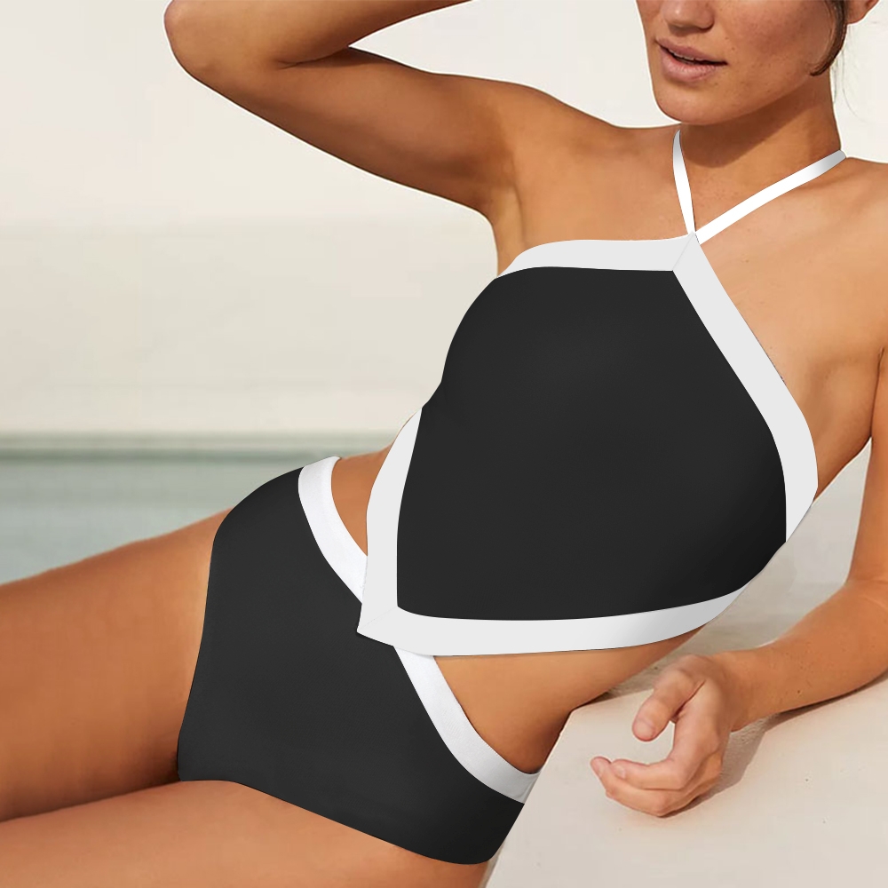 Modern Two-Piece Bikini with Contrast Trim – Halter Top and High-Waist Swim Briefs