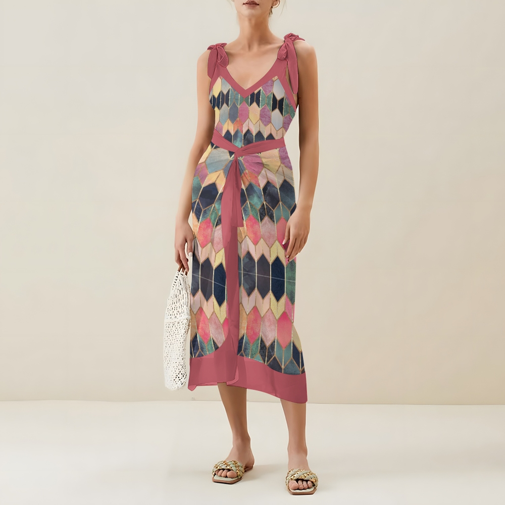 Color Block Vibrant Geometric Print One-Piece Swimsuit and Matching Sarong Skirt