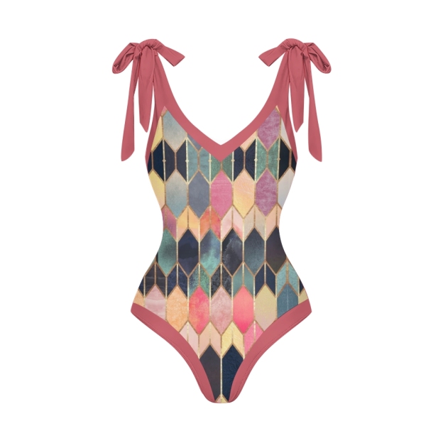 Color Block Vibrant Geometric Print One-Piece Swimsuit and Matching Sarong Skirt