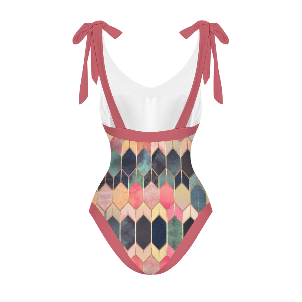 Color Block Vibrant Geometric Print One-Piece Swimsuit and Matching Sarong Skirt
