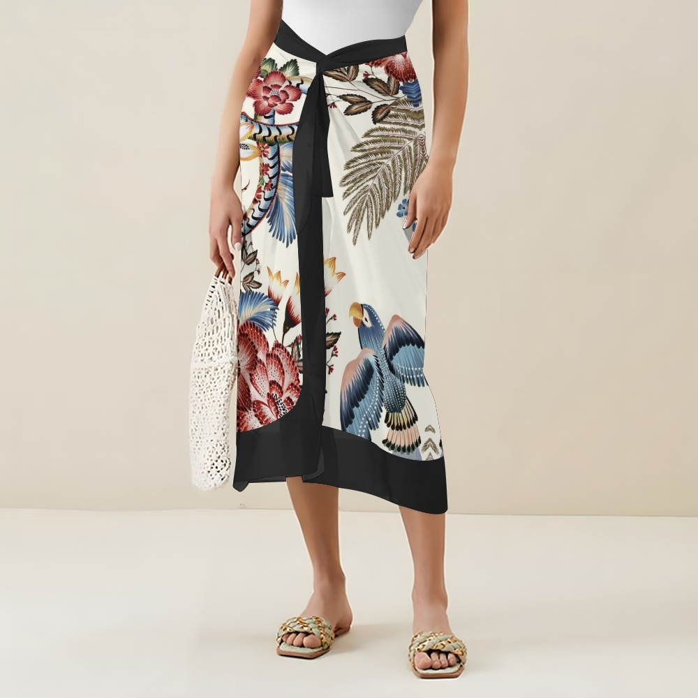 Tropical Bird Print Tie Shoulder Straps One-Piece Swimsuit with Matching Sarong Skirt