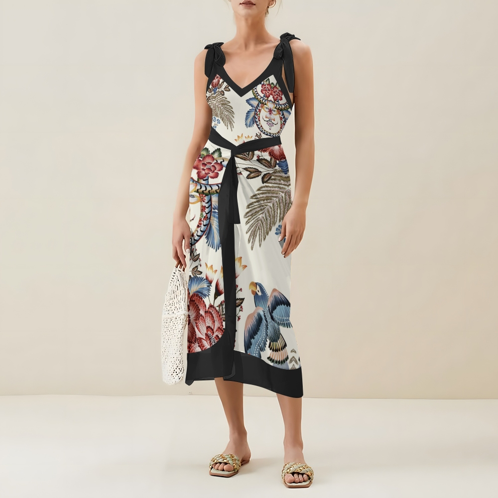 Tropical Bird Print Tie Shoulder Straps One-Piece Swimsuit with Matching Sarong Skirt