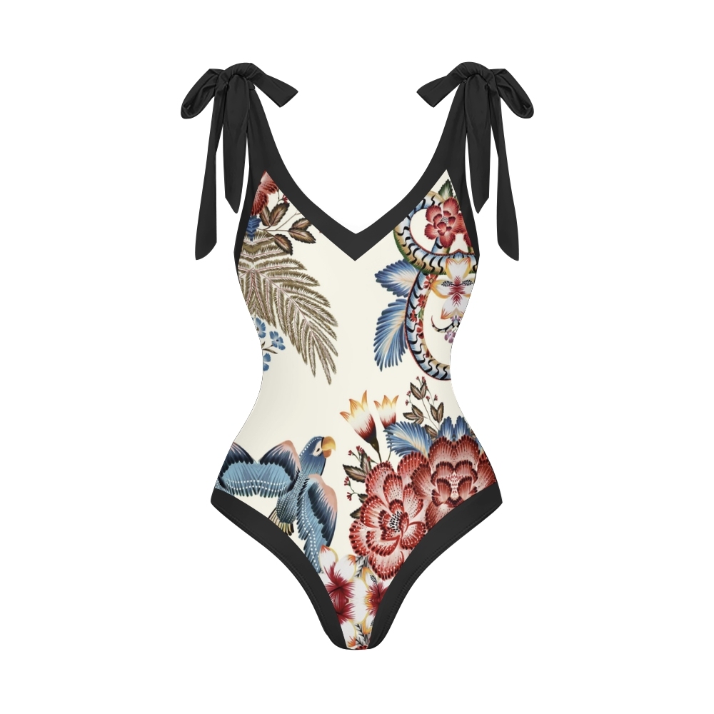 Tropical Bird Print Tie Shoulder Straps One-Piece Swimsuit with Matching Sarong Skirt