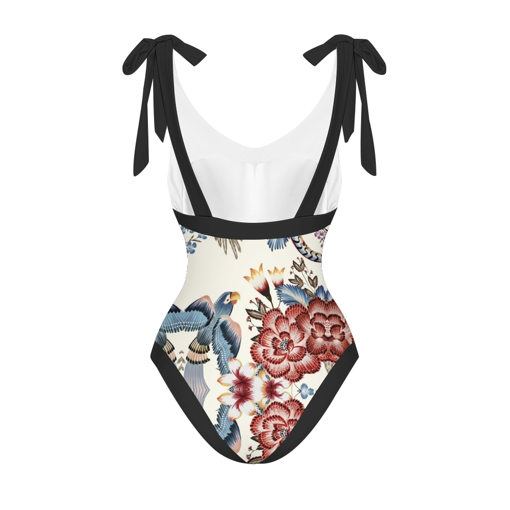 Tropical Bird Print Tie Shoulder Straps One-Piece Swimsuit with Matching Sarong Skirt