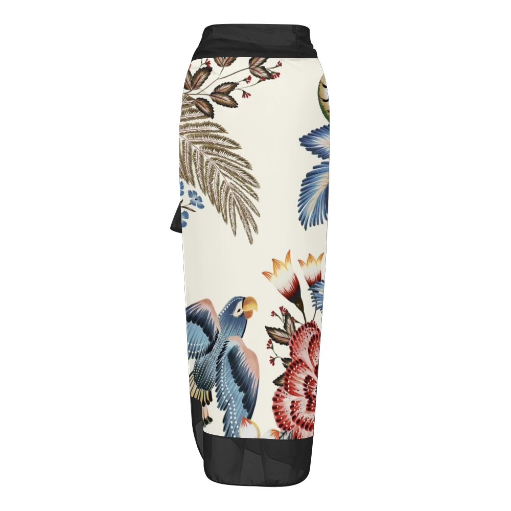 Tropical Bird Print Tie Shoulder Straps One-Piece Swimsuit with Matching Sarong Skirt