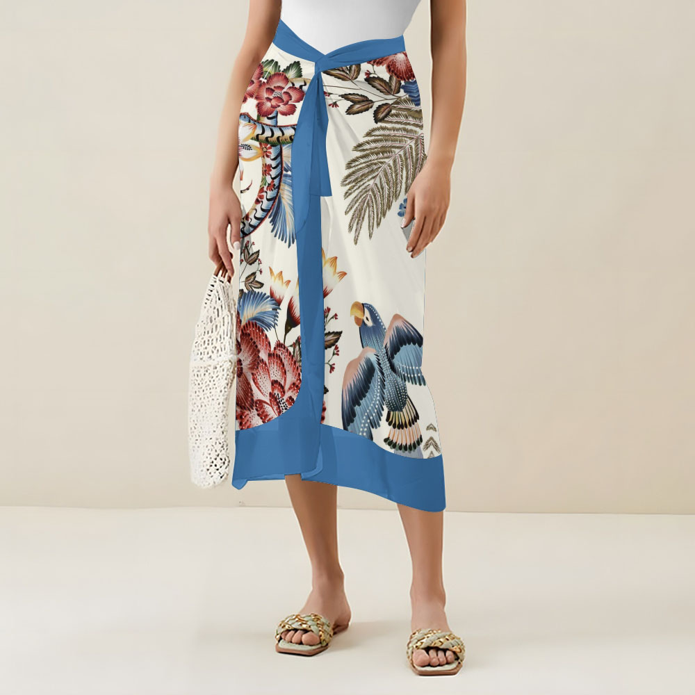 Tropical Bird Print Tie Shoulder Straps One-Piece Swimsuit with Matching Sarong Skirt