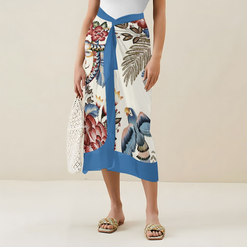 Tropical Bird Print Tie Shoulder Straps One-Piece Swimsuit with Matching Sarong Skirt