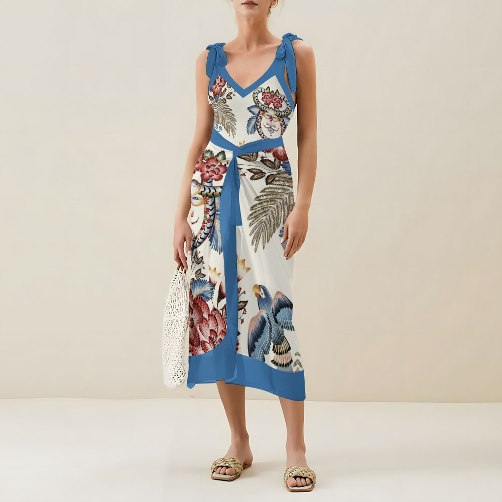 Tropical Bird Print Tie Shoulder Straps One-Piece Swimsuit with Matching Sarong Skirt