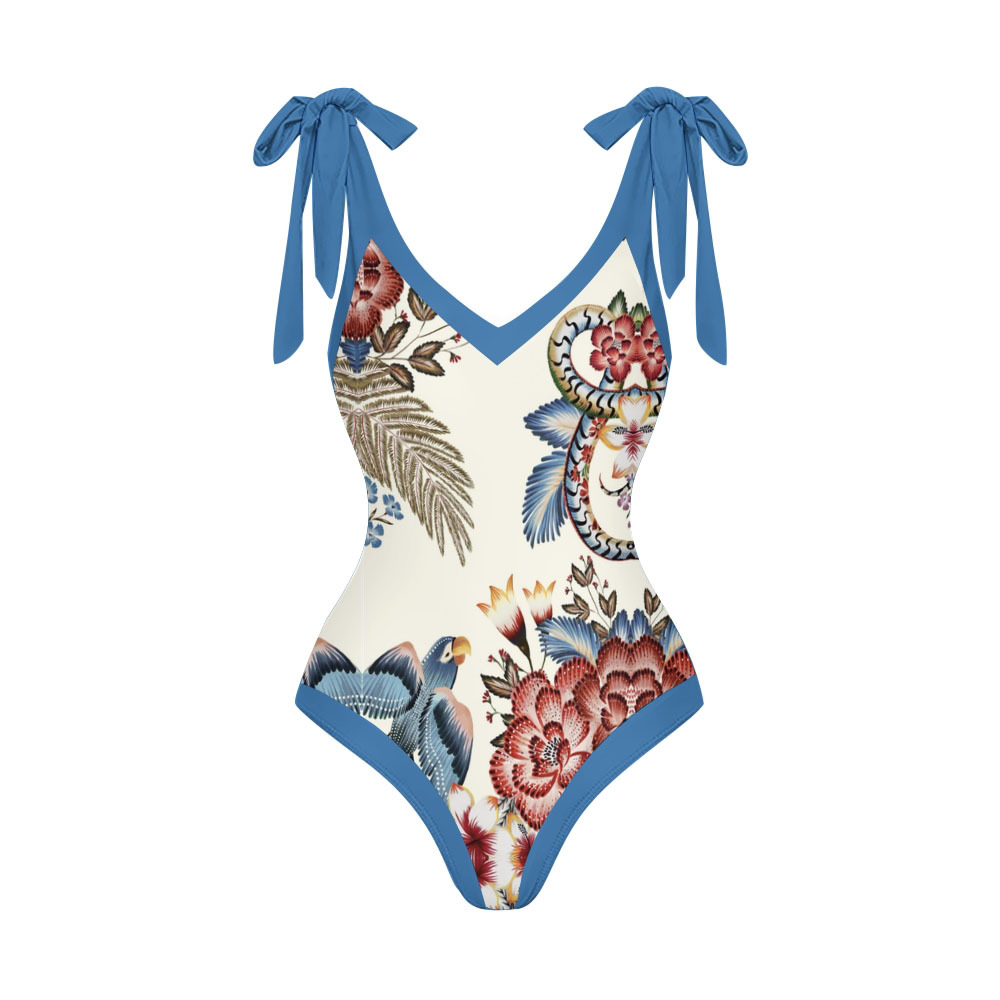 Tropical Bird Print Tie Shoulder Straps One-Piece Swimsuit with Matching Sarong Skirt