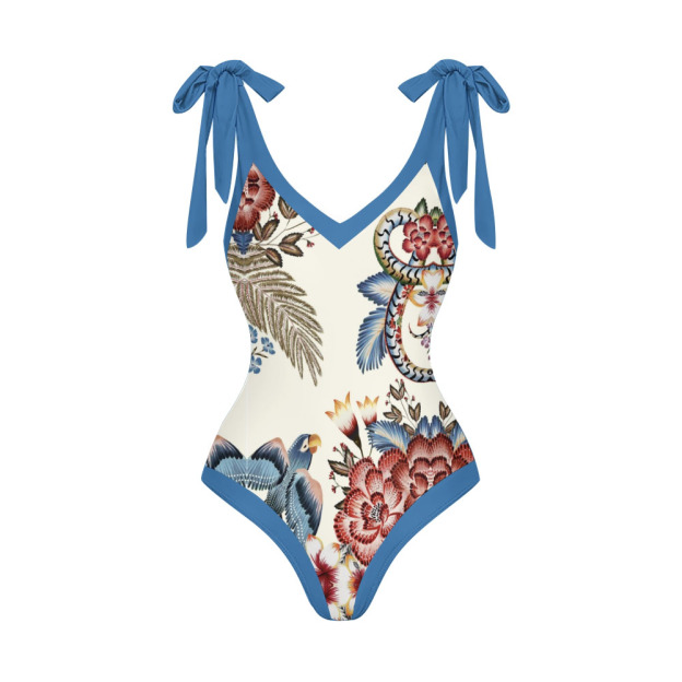 Tropical Bird Print Tie Shoulder Straps One-Piece Swimsuit with Matching Sarong Skirt
