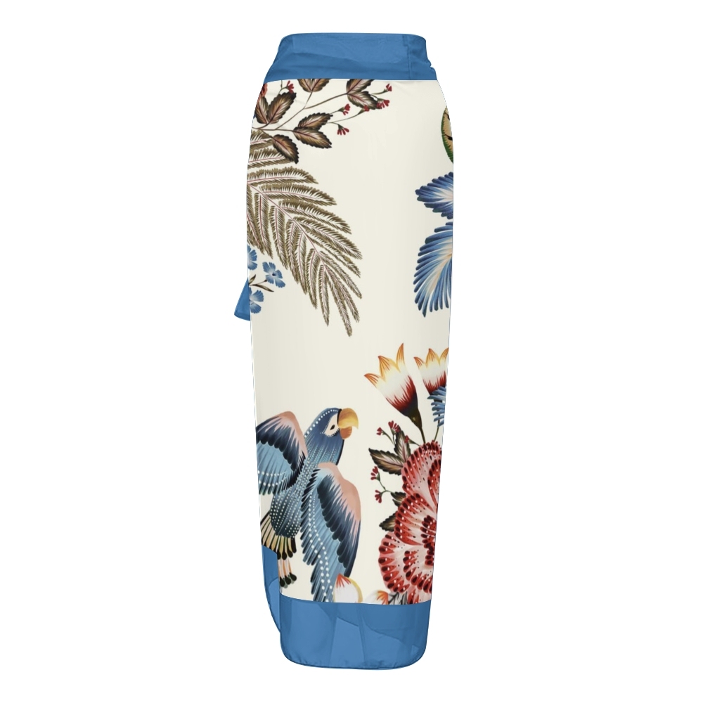 Tropical Bird Print Tie Shoulder Straps One-Piece Swimsuit with Matching Sarong Skirt