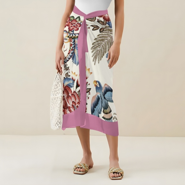 Tropical Bird Print Tie Shoulder Straps One-Piece Swimsuit with Matching Sarong Skirt