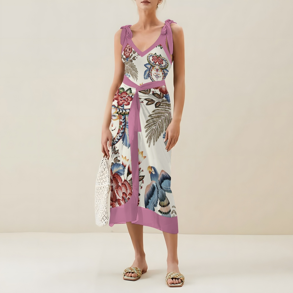 Tropical Bird Print Tie Shoulder Straps One-Piece Swimsuit with Matching Sarong Skirt