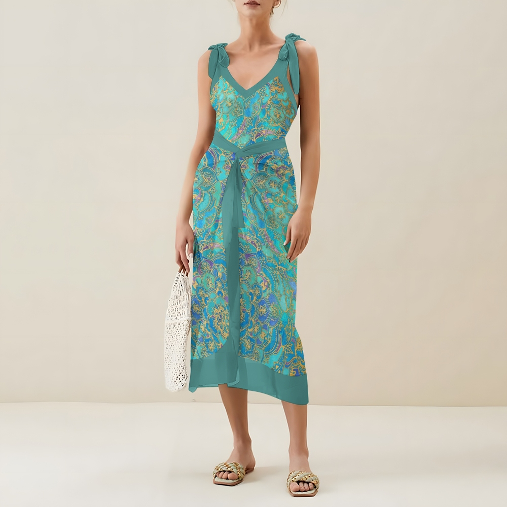Bohemian Paisley Print One-Piece Swimsuit with Matching Sarong Skirt