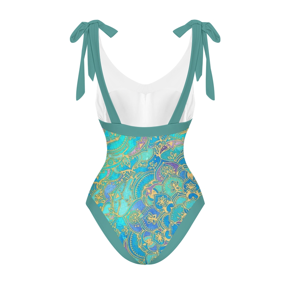 Bohemian Paisley Print One-Piece Swimsuit with Matching Sarong Skirt