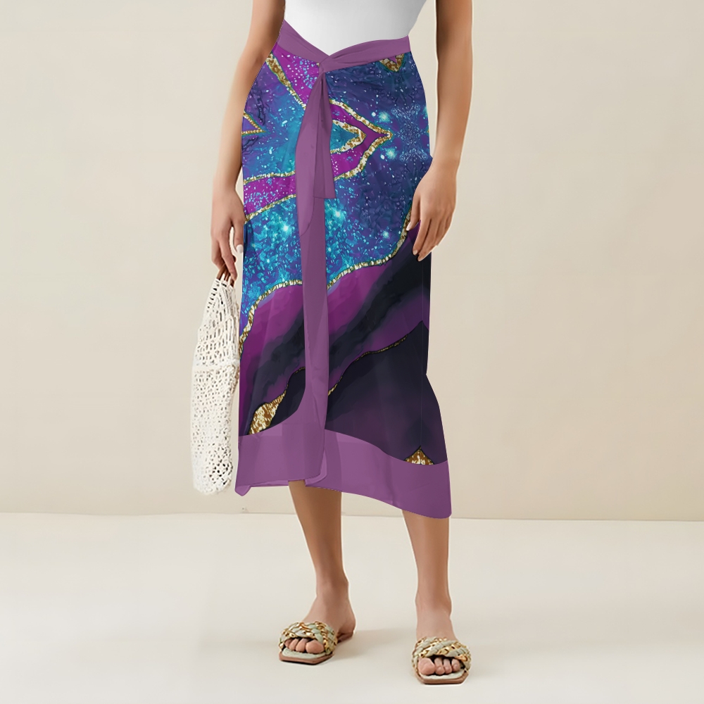 Marble Effect V-Neck Backless One-Piece Swimsuit and Sarong Skirt