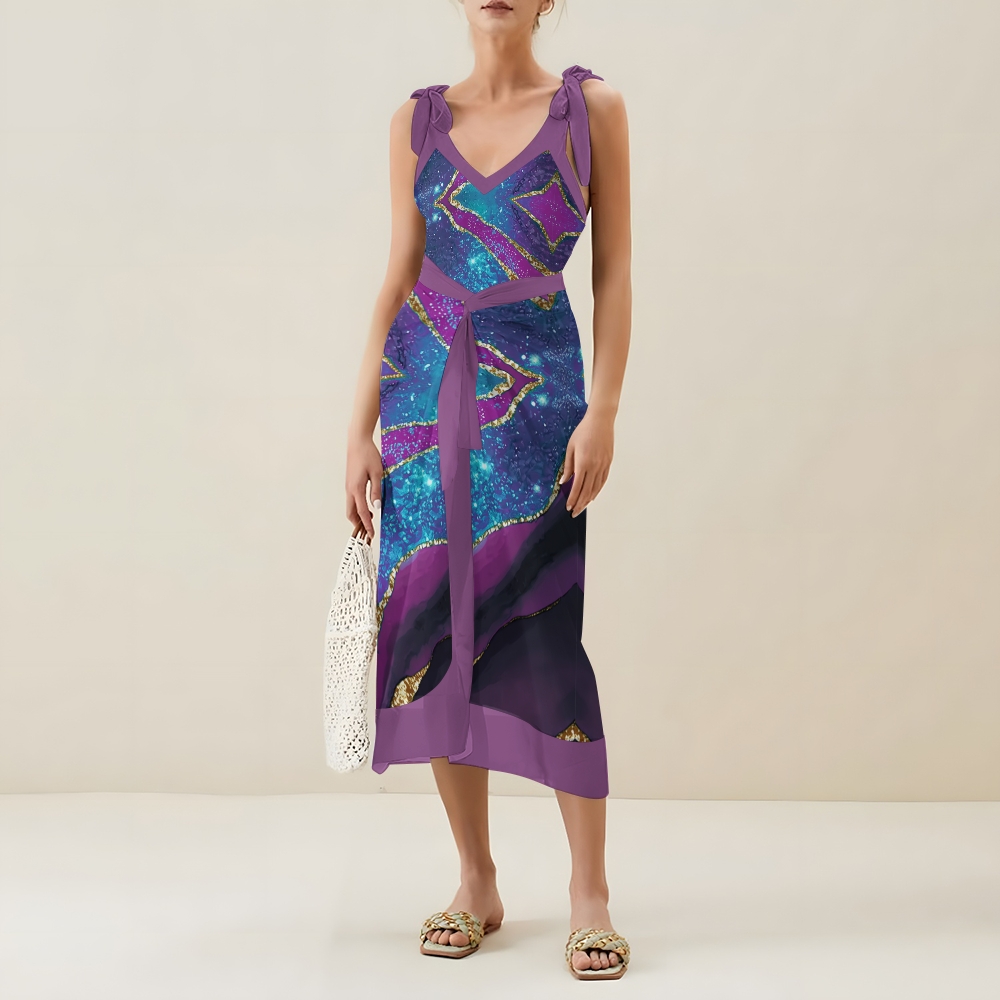 Marble Effect V-Neck Backless One-Piece Swimsuit and Sarong Skirt