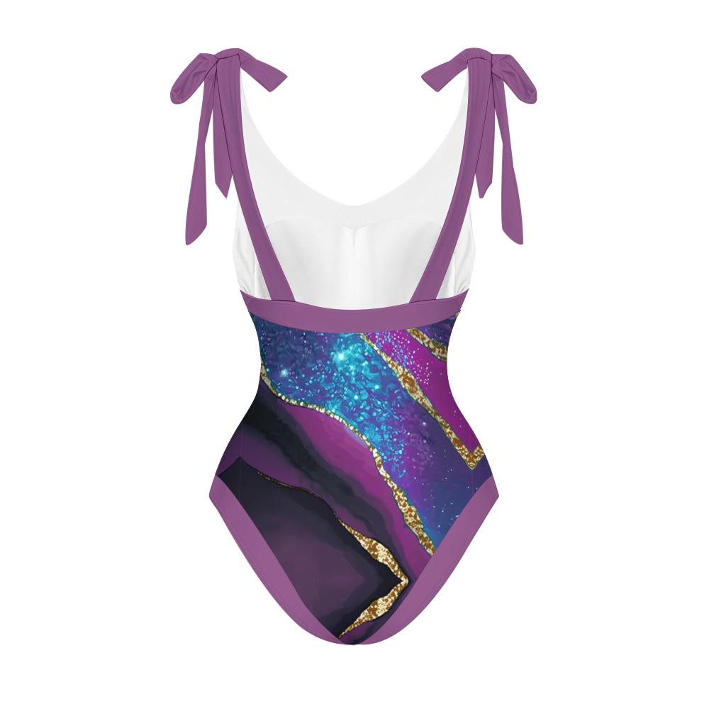 Marble Effect V-Neck Backless One-Piece Swimsuit and Sarong Skirt