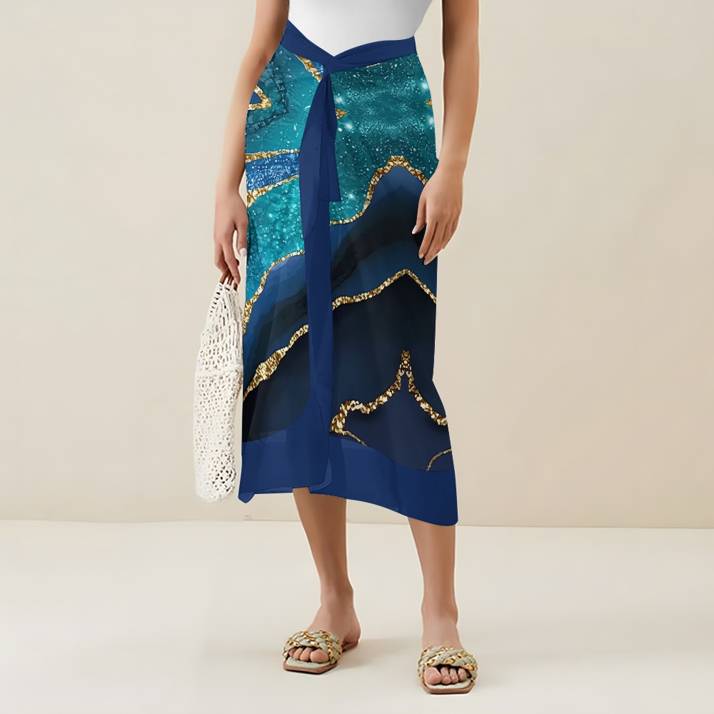 Marble Effect V-Neck Backless One-Piece Swimsuit and Sarong Skirt