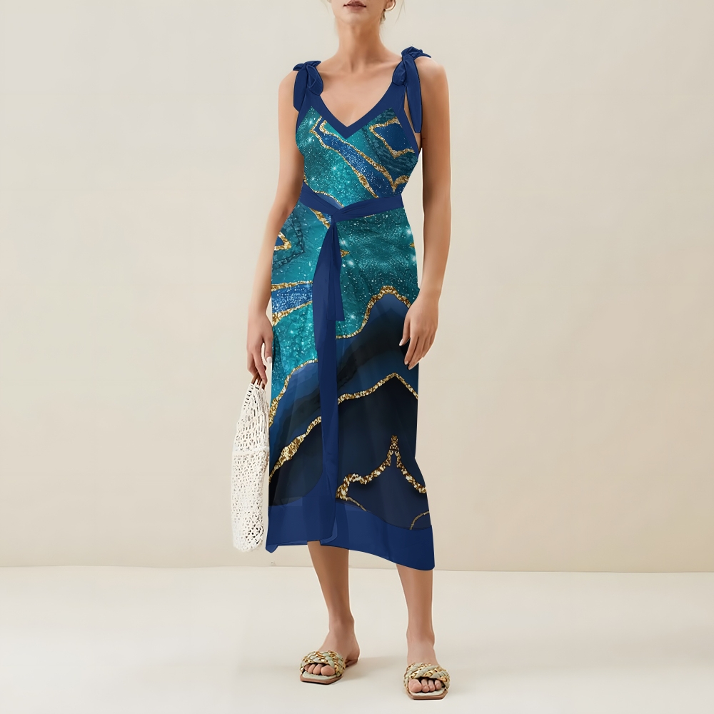 Marble Effect V-Neck Backless One-Piece Swimsuit and Sarong Skirt