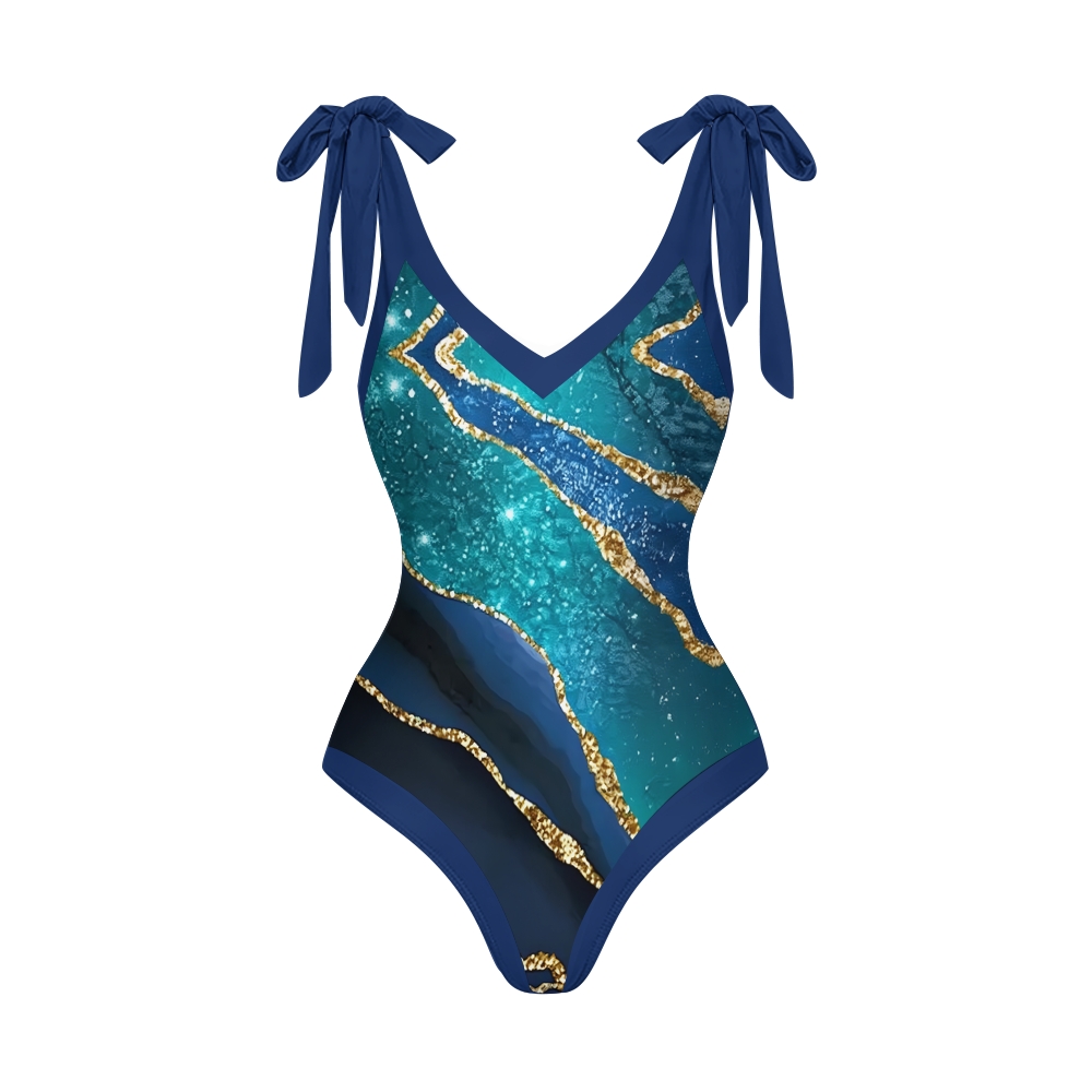 Marble Effect V-Neck Backless One-Piece Swimsuit and Sarong Skirt