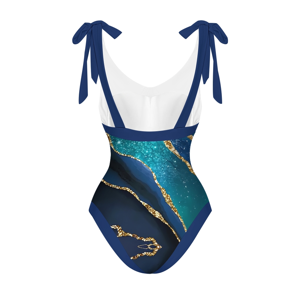Marble Effect V-Neck Backless One-Piece Swimsuit and Sarong Skirt