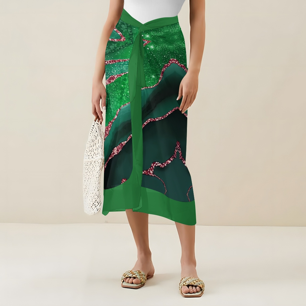 Marble Effect V-Neck Backless One-Piece Swimsuit and Sarong Skirt