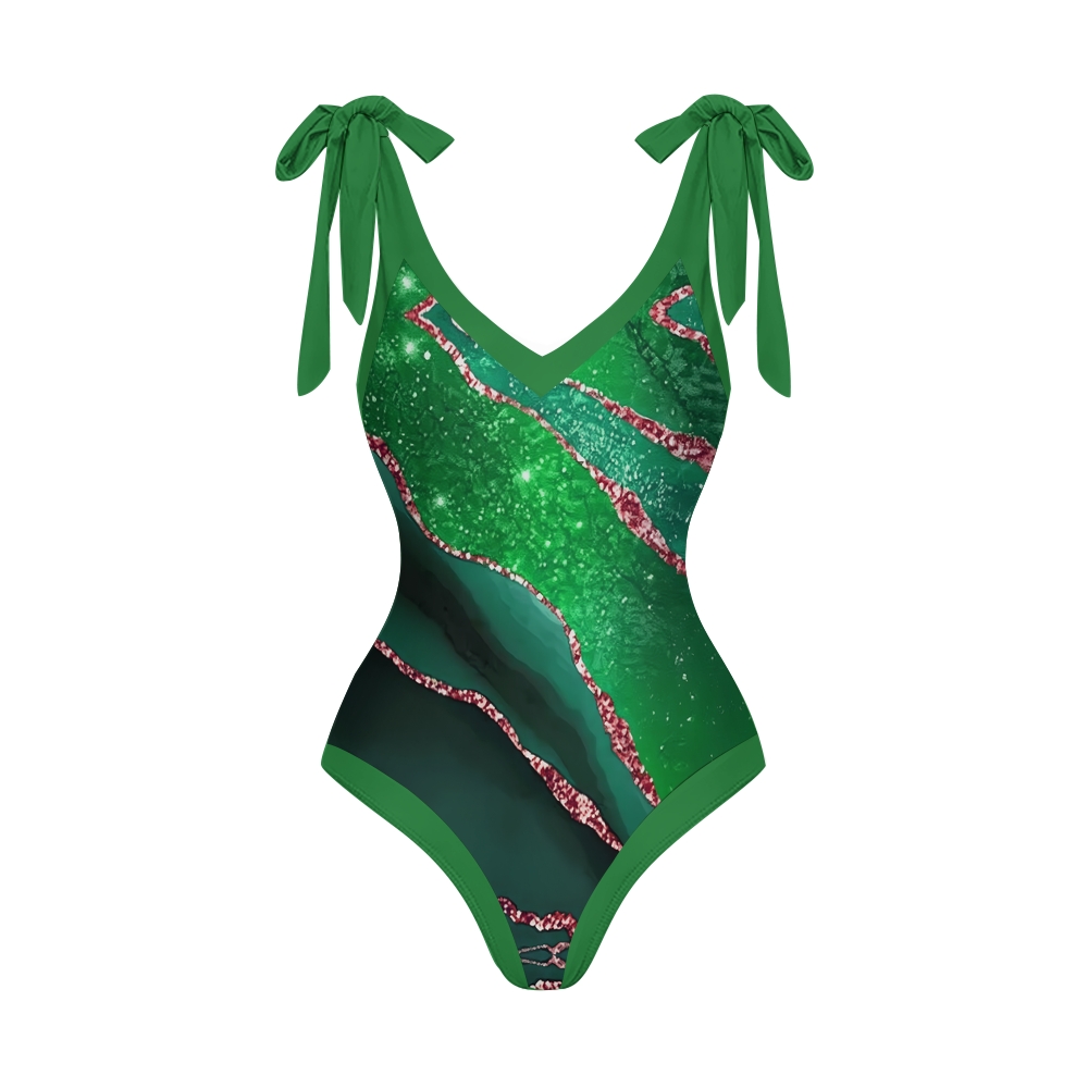 Marble Effect V-Neck Backless One-Piece Swimsuit and Sarong Skirt