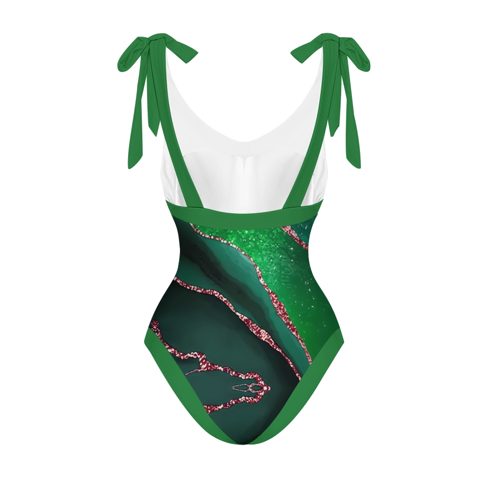 Marble Effect V-Neck Backless One-Piece Swimsuit and Sarong Skirt