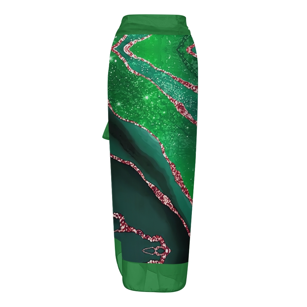 Marble Effect V-Neck Backless One-Piece Swimsuit and Sarong Skirt