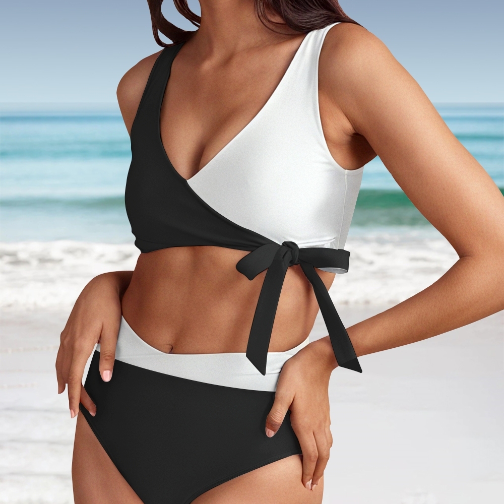 Black and White Wrap High-Waisted Two-Piece Bikini Set