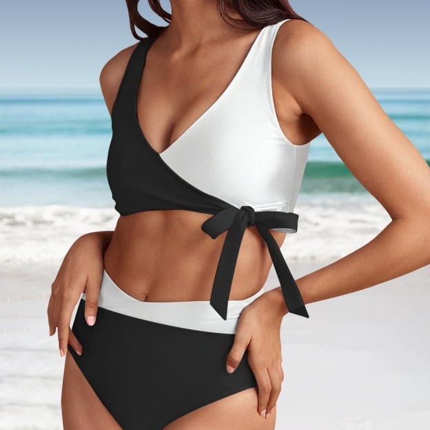 Black and White Wrap High-Waisted Two-Piece Bikini Set